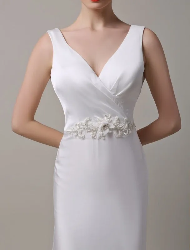 Ivory Satin Deep V-Neck And Cowlback With Embellished Sash Wedding Dress