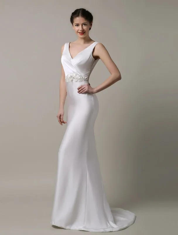 Ivory Satin Deep V-Neck And Cowlback With Embellished Sash Wedding Dress