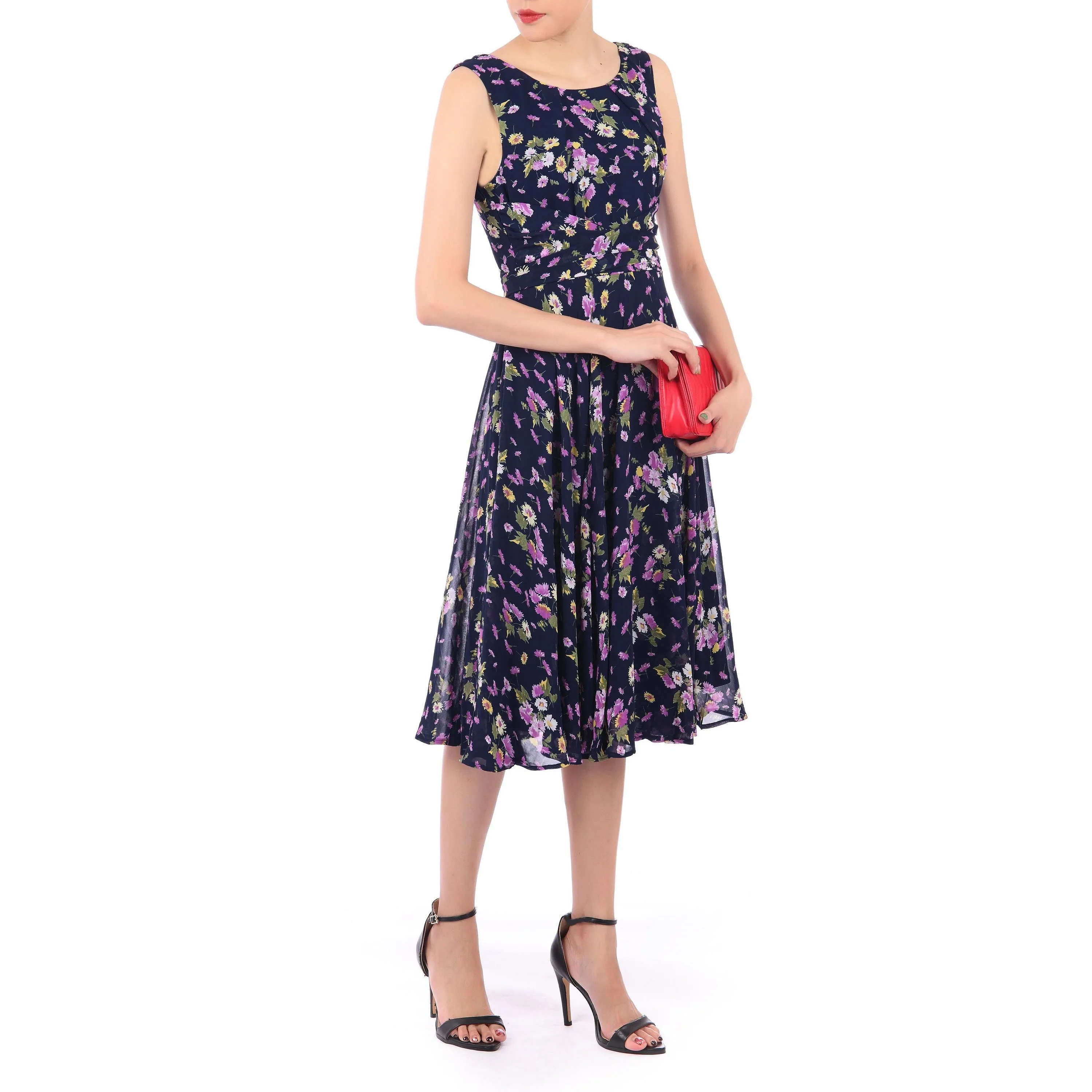 Jolie Moi Navy Blue Floral Sleeveless Chiffon 50s Swing Audrey Dress