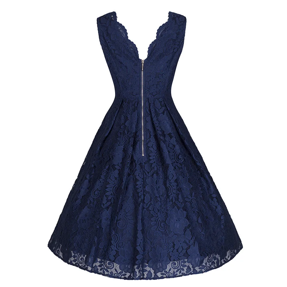 Jolie Moi Vintage Navy Blue Embroidered Lace Swing Dress