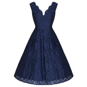 Jolie Moi Vintage Navy Blue Embroidered Lace Swing Dress