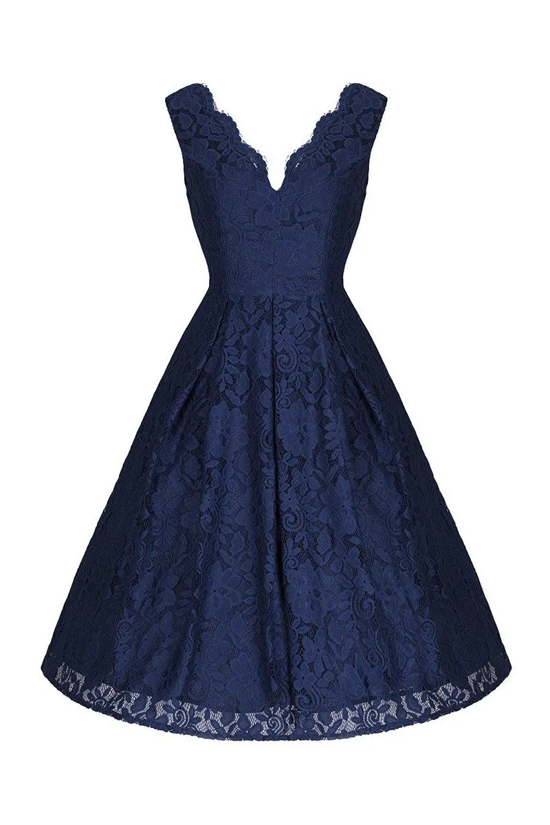 Jolie Moi Vintage Navy Blue Embroidered Lace Swing Dress