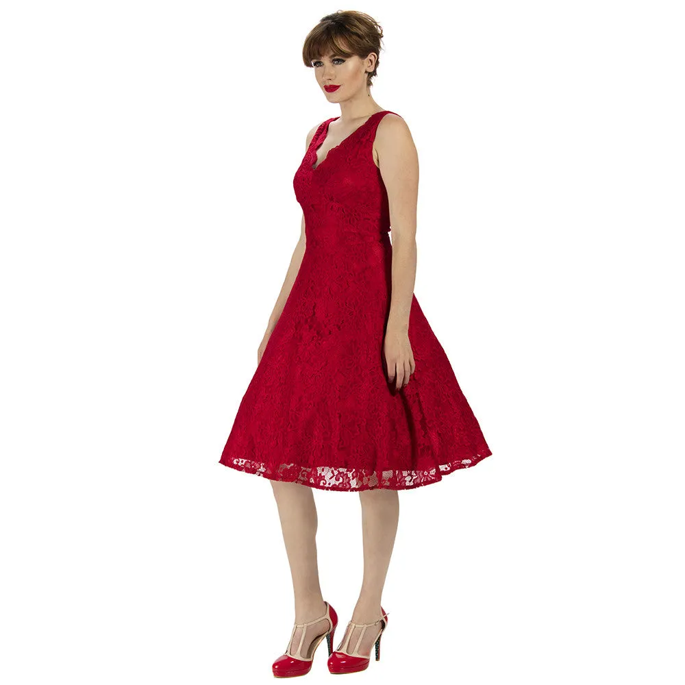 Jolie Moi Vintage Red Embroidered Lace 50s Swing Occasion Dress