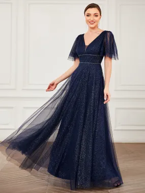 Jolie robe de soirée longue en tulle avec col en V profond