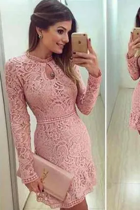 Lace dress pink Sexy lace Elegant short O neck Prom Dresses Long sleeve Party dresses