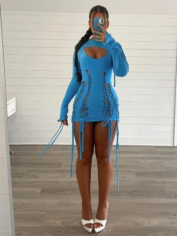 Lace Up Bodycon Long Sleeve Bandage Mini Dress