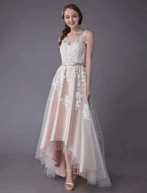 Lace Wedding Dresses High Low Bow Sash Tulle Applique Summer Beach Colored Bridal Gowns Exclusive