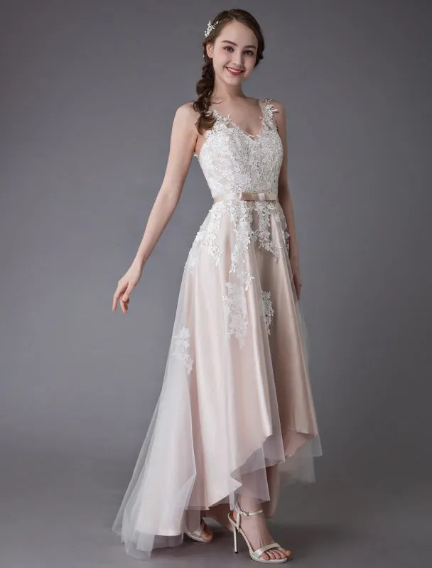 Lace Wedding Dresses High Low Bow Sash Tulle Applique Summer Beach Colored Bridal Gowns Exclusive