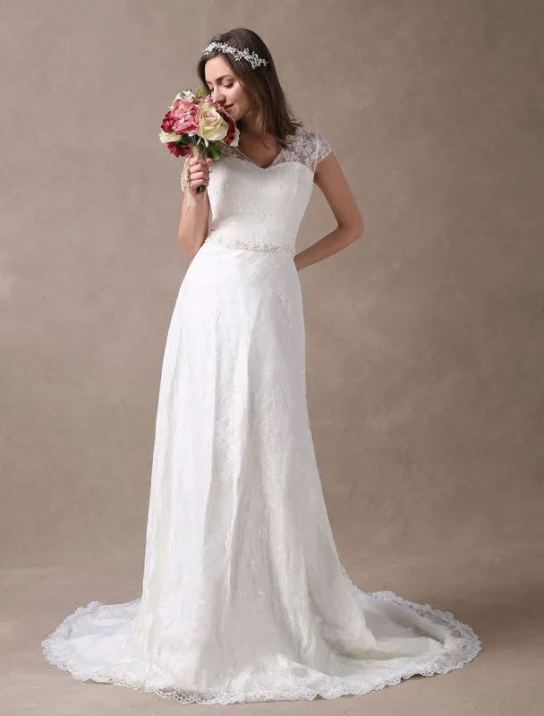 Lace Wedding Dresses Ivory V Neck Chiffon Beading Sash Cap Sleeve Bridal Dress With Train Exclusive