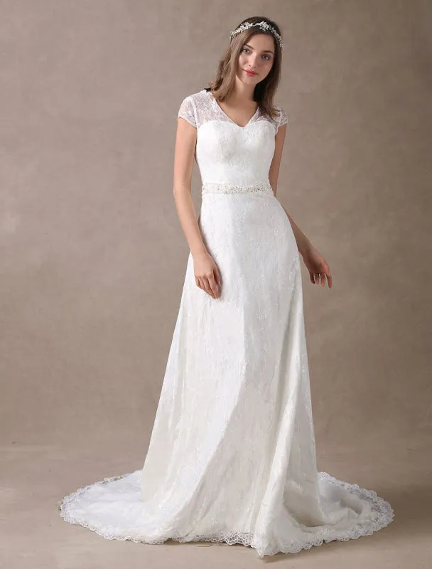 Lace Wedding Dresses Ivory V Neck Chiffon Beading Sash Cap Sleeve Bridal Dress With Train Exclusive