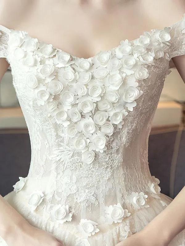 Lace Wedding Dresses Princess Ball Gown Bridal Dress Off The Shoulder Ivory Flowers Applique Floor Length Wedding Gown