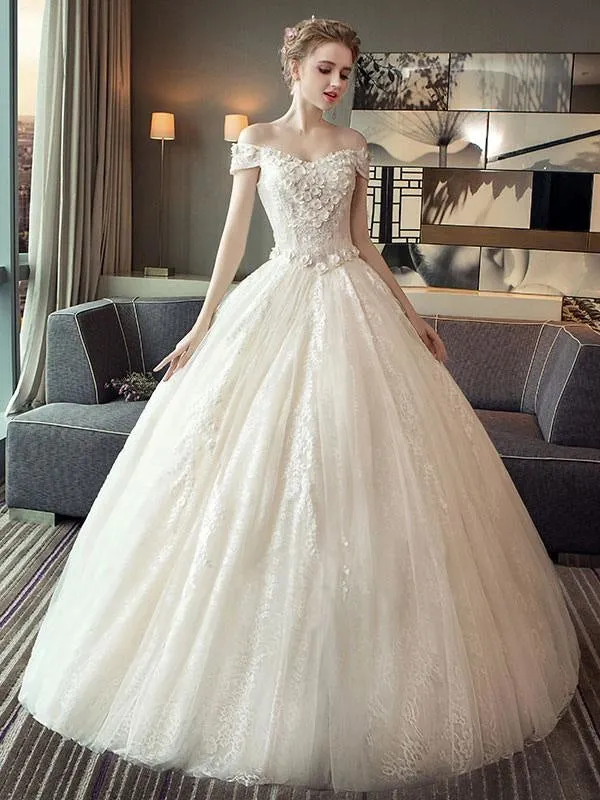 Lace Wedding Dresses Princess Ball Gown Bridal Dress Off The Shoulder Ivory Flowers Applique Floor Length Wedding Gown