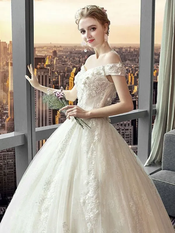 Lace Wedding Dresses Princess Ball Gown Bridal Dress Off The Shoulder Ivory Flowers Applique Floor Length Wedding Gown