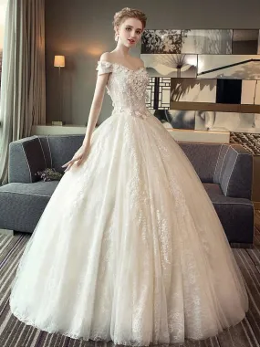 Lace Wedding Dresses Princess Ball Gown Bridal Dress Off The Shoulder Ivory Flowers Applique Floor Length Wedding Gown