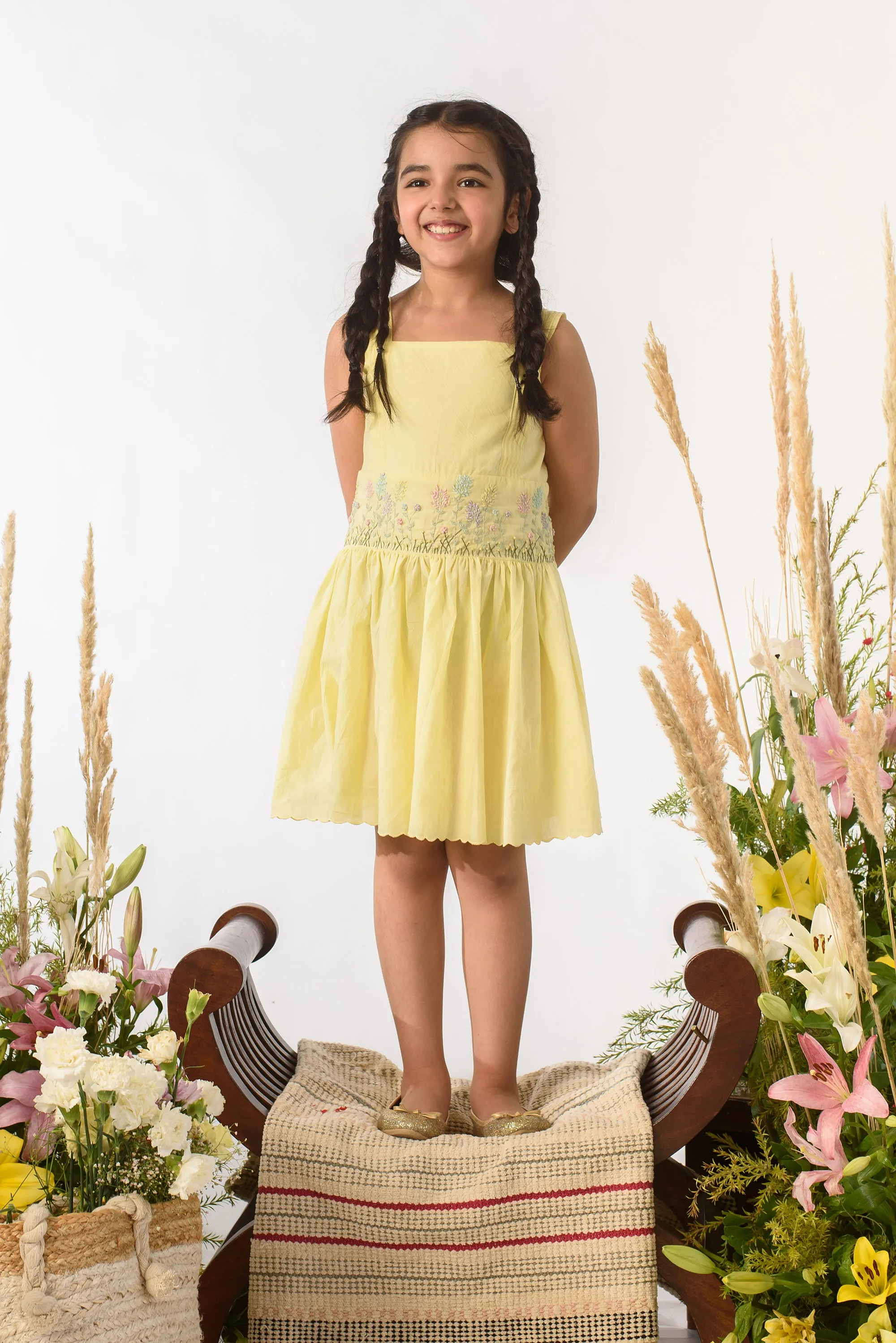 Lemon Terrain- Thread Embroidered Organic Cotton Dress For Girls