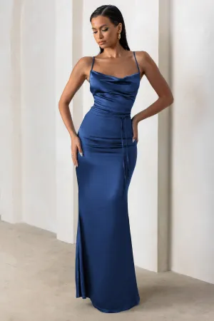 Lifetime | Navy Satin Cowl Neck Maxi Dress With Cross Back Detail