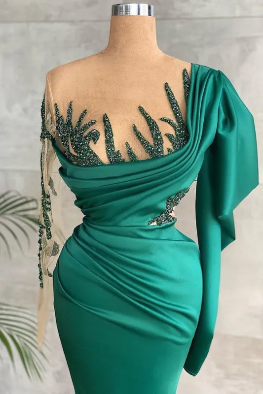 Long-Sleeve Prom Dress with Green Beadwork and Ruffled Details