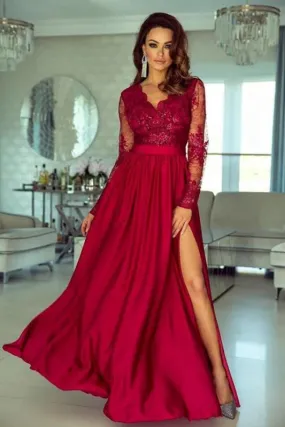 Long-Sleeve V-Neck Lace Prom Dress With Slit