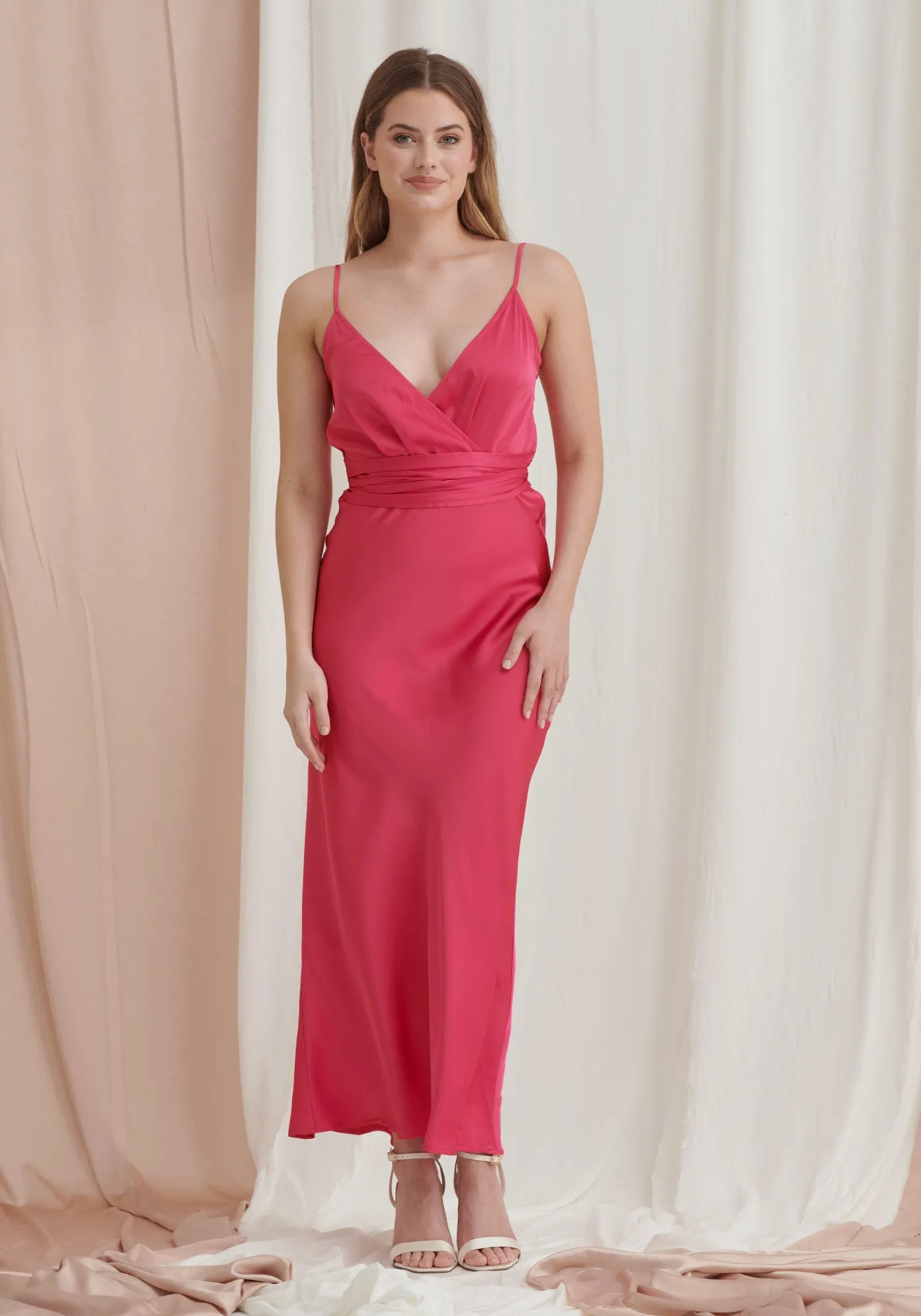 Louisa Tie Waist Cami Wrap Maxi Dress - Fuchsia Pink