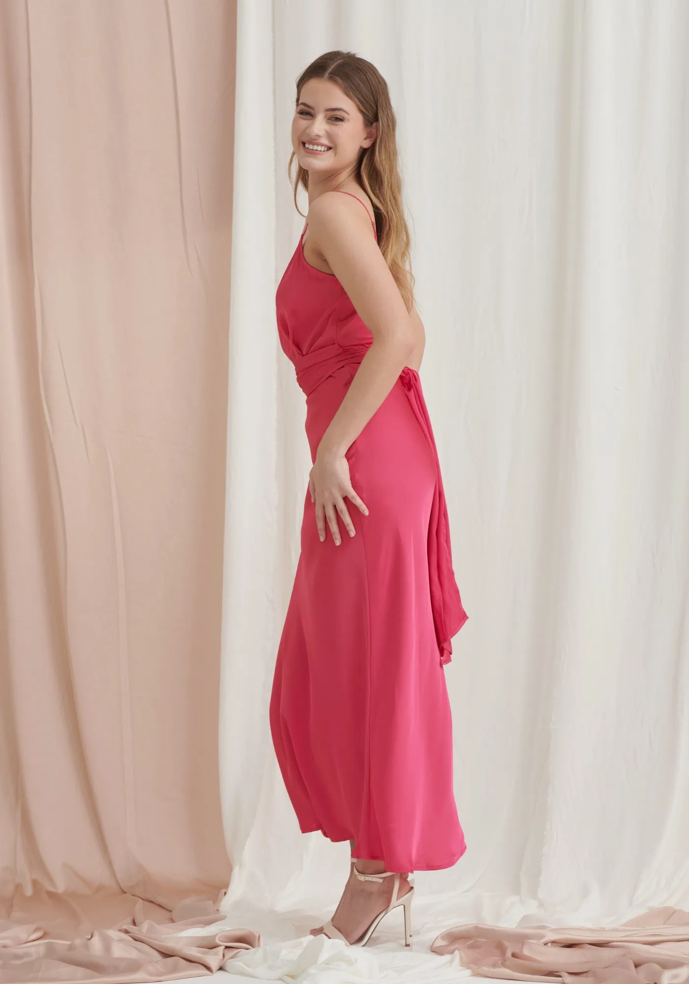 Louisa Tie Waist Cami Wrap Maxi Dress - Fuchsia Pink