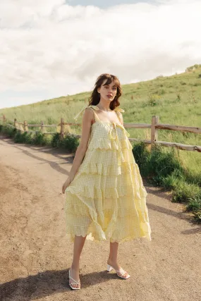 Mellow Yellow Tiered Gingham Midi Dress