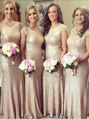 Mermaid Scoop Floor-Length Cap Sleeves Gold Sequined Bridesmaid Dress