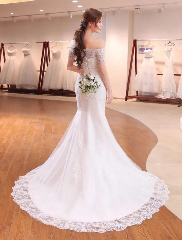 Mermaid Wedding Dresses Lace Beading Off The Shoulder Short Sleeve Fishtail Ivory Bridal Gown With Train