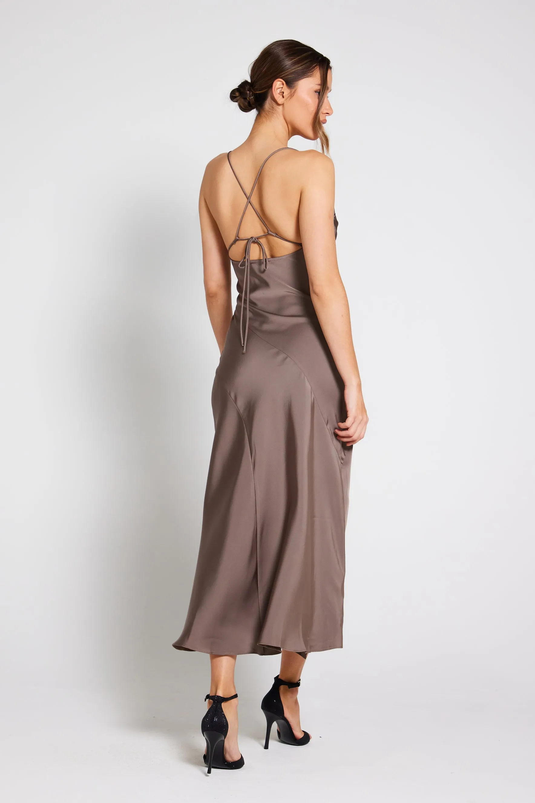 Mila Asymmetric Cowl Neck Satin Slip Dress - Taupe