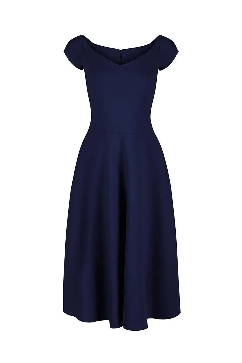 Navy Blue Cap Sleeve V Neck 50s Swing Dress