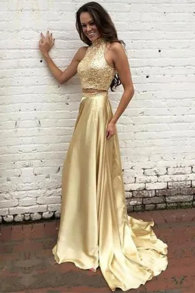 New Arrival Gold Two Pieces High Neck Pretty Sparkly Evening Party Prom Dress