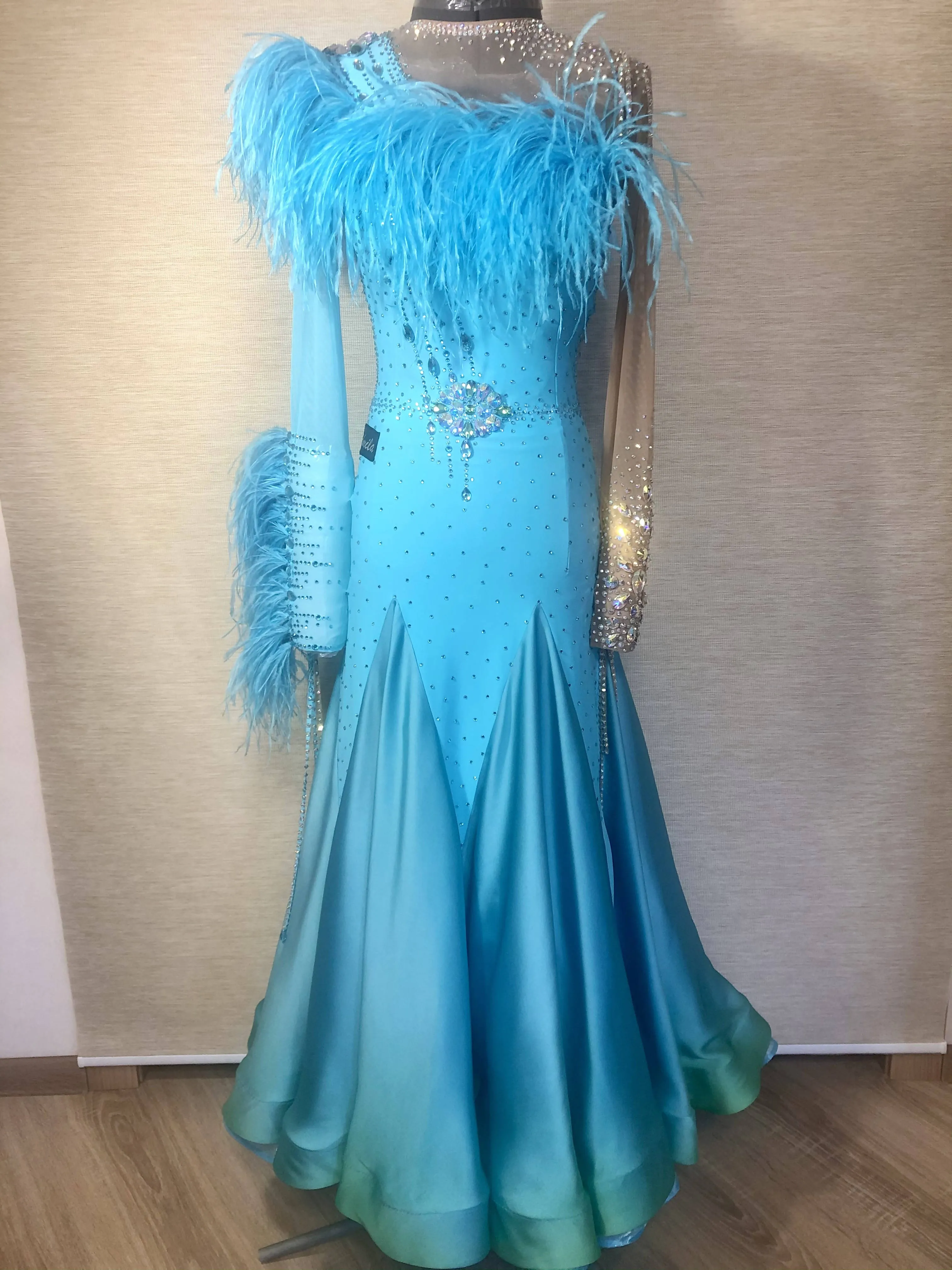 New Blue Sponsored Ballroom Dress with Feathers