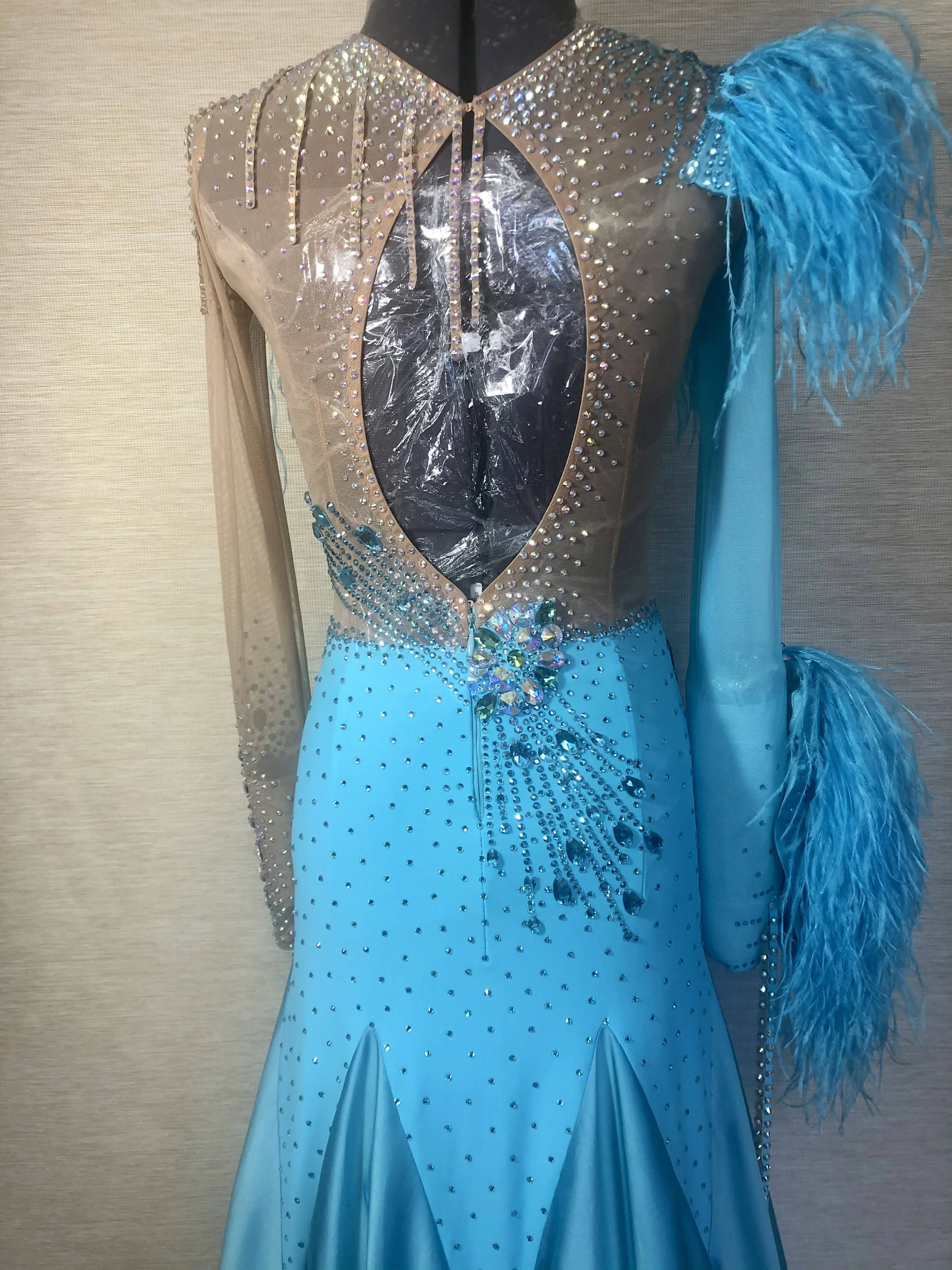 New Blue Sponsored Ballroom Dress with Feathers