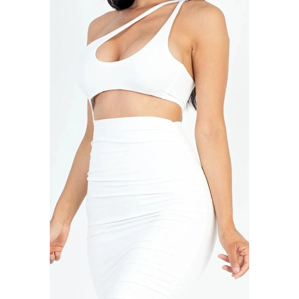 One Shoulder Cut-out Front Ruched Bodycon Mini Dress