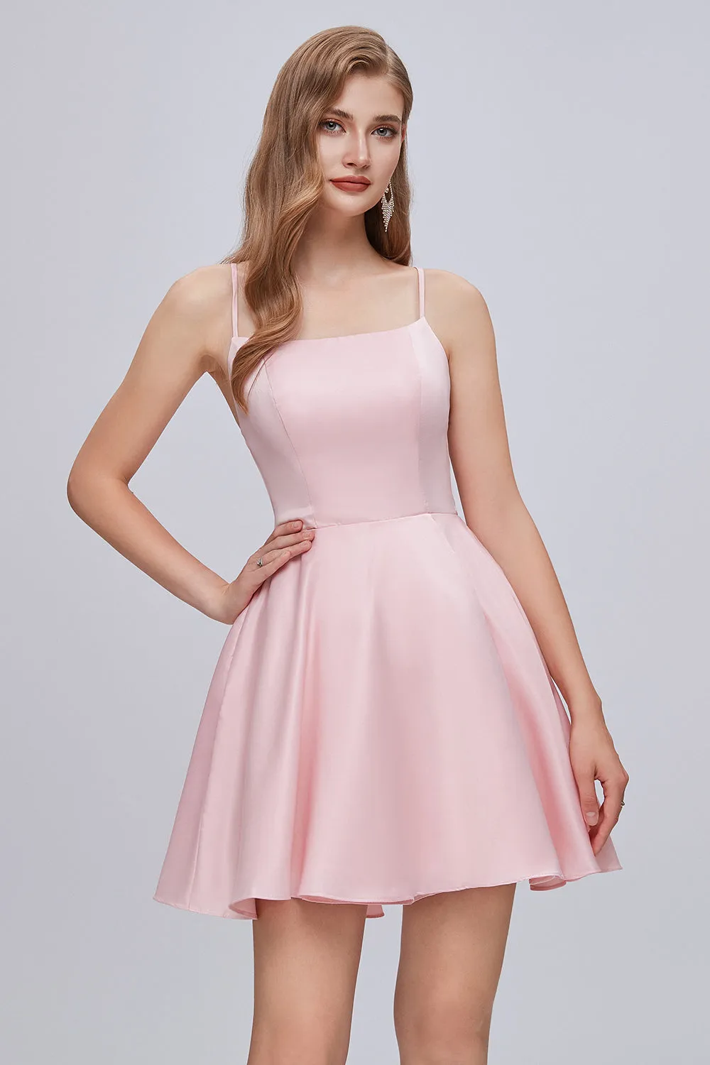 Pink Spaghetti Strap A Line Backless Short Homecoming Dresses