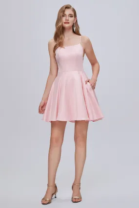 Pink Spaghetti Strap A Line Backless Short Homecoming Dresses