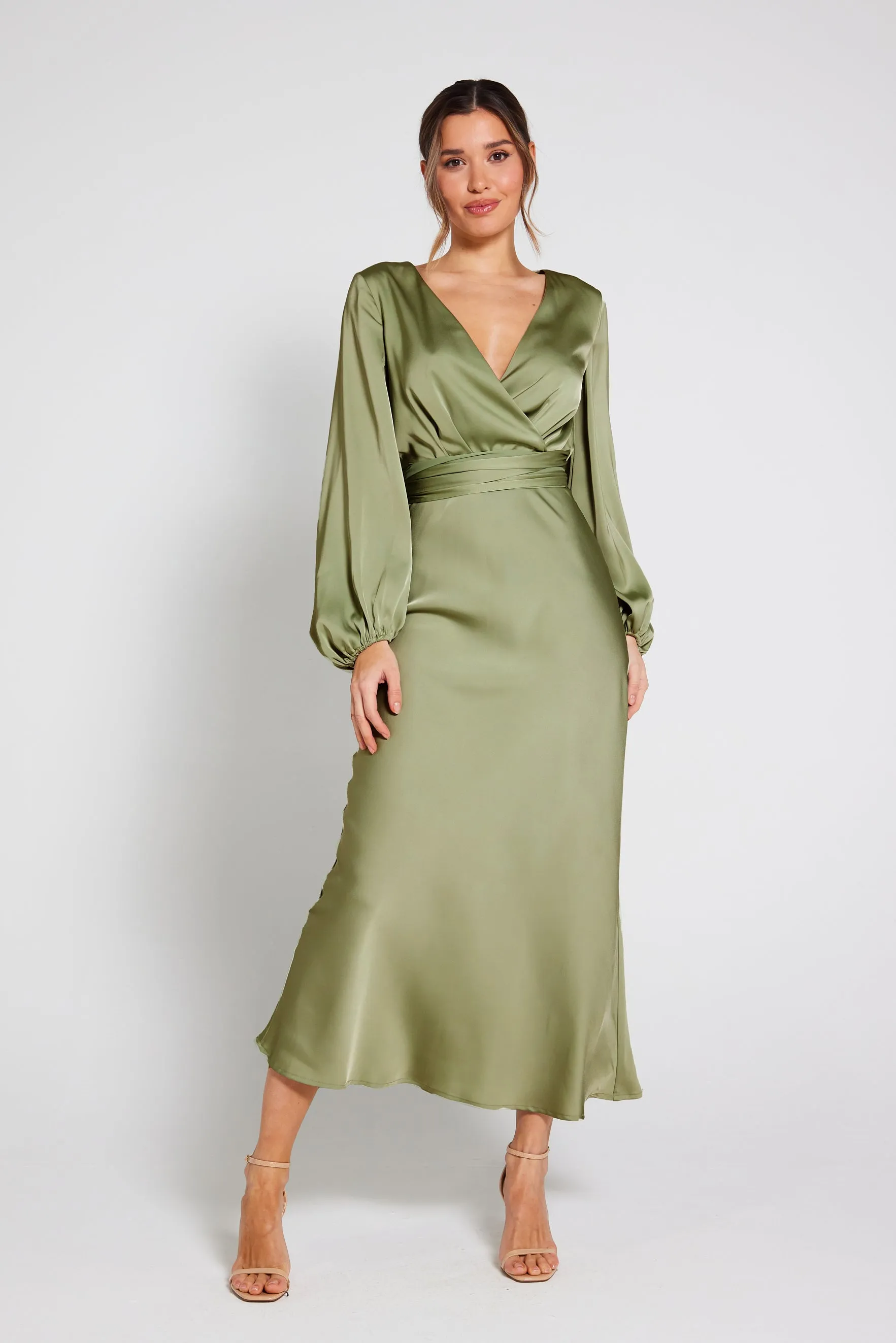 Pippa Long Sleeve Satin Maxi Dress - Olive