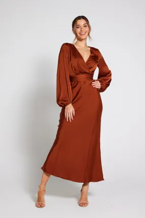 Elegant Rust Long Sleeve Satin Maxi Dress for Women