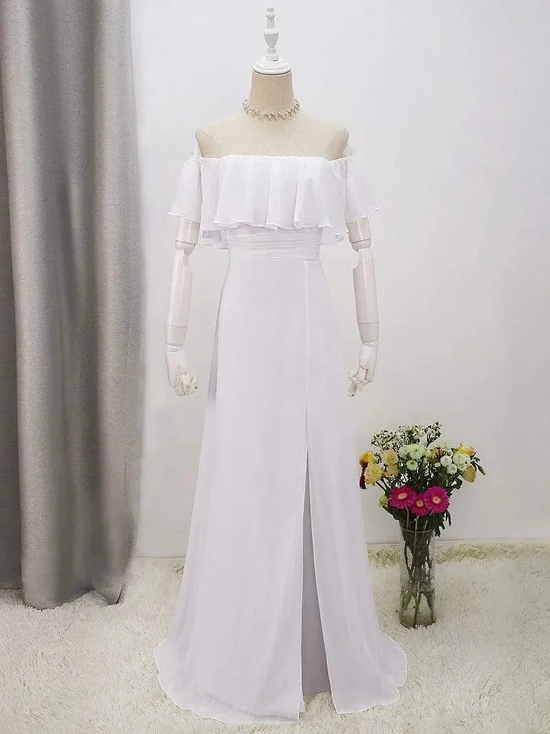 Plain Off Shoulder Chiffon Wedding Dress with Side Split