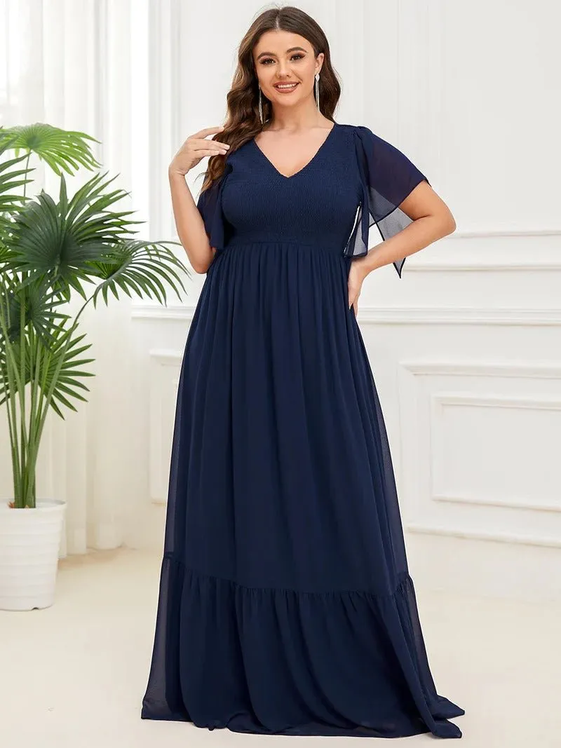 Plus Simple V Neck Short Ruffles Sleeves A Line Evening Dresses