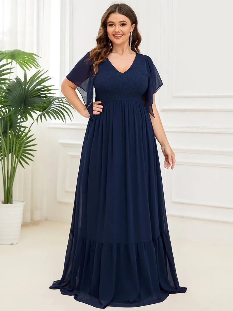 Plus Simple V Neck Short Ruffles Sleeves A Line Evening Dresses