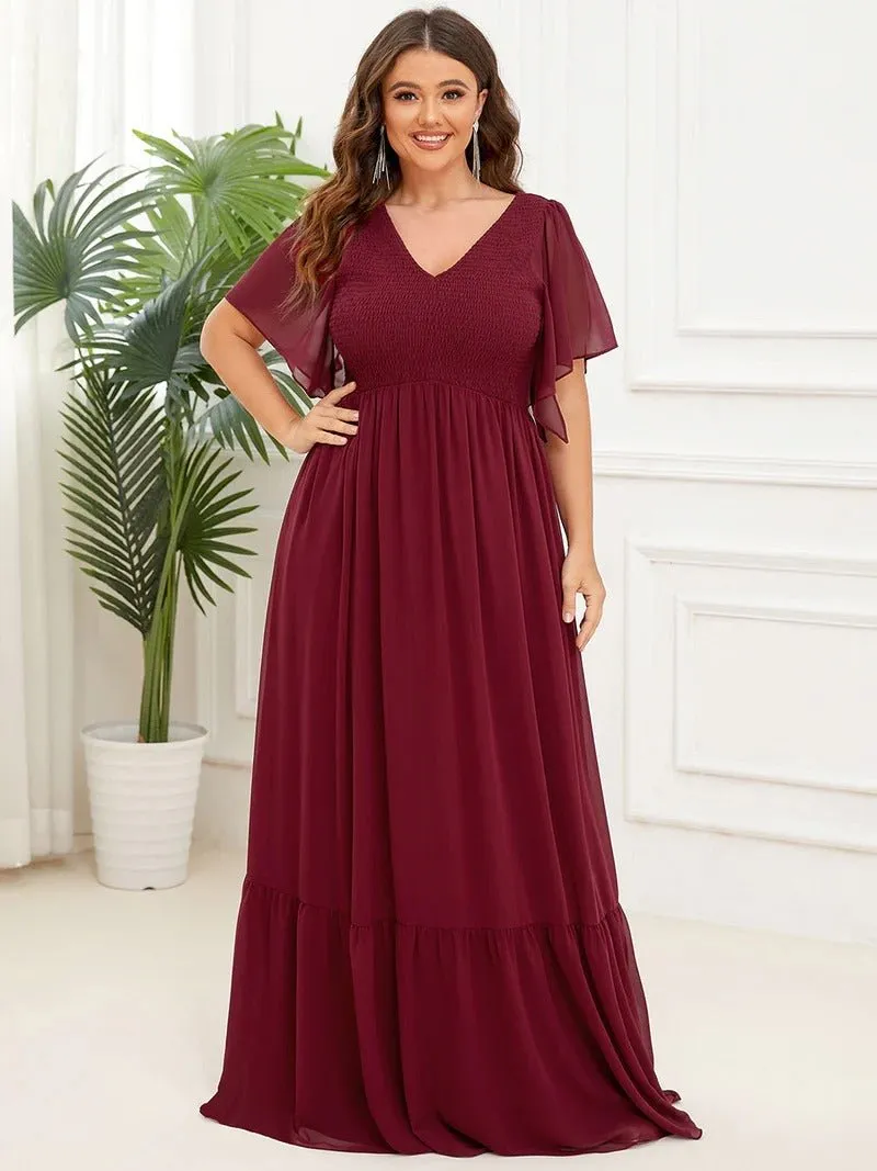 Plus Simple V Neck Short Ruffles Sleeves A Line Evening Dresses