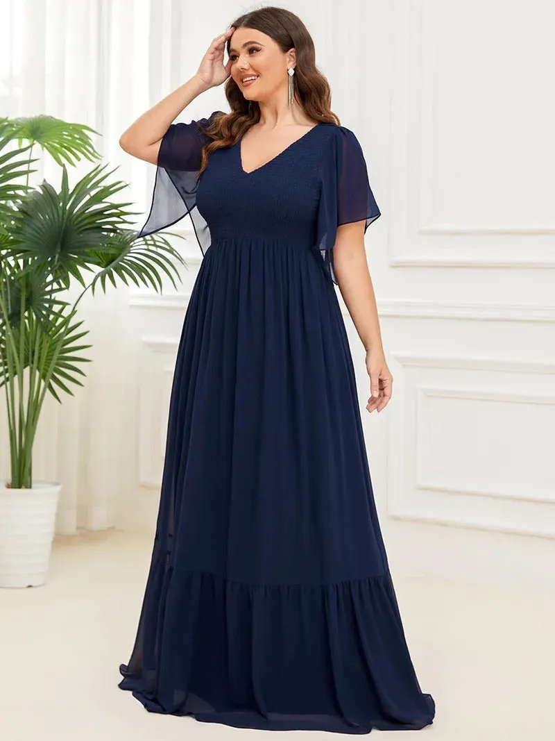 Plus Simple V Neck Short Ruffles Sleeves A Line Evening Dresses