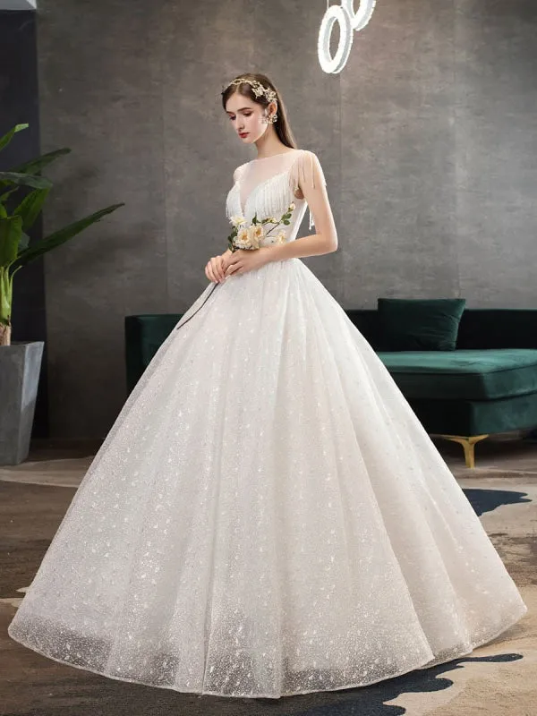 Princess Wedding Dresses Ivory Illusion Neck Beaded Sleeveless Floor Length Bridal Gown