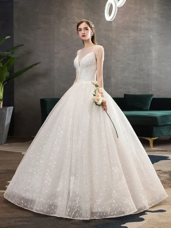 Princess Wedding Dresses Ivory Illusion Neck Beaded Sleeveless Floor Length Bridal Gown