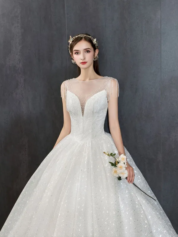 Princess Wedding Dresses Ivory Illusion Neck Beaded Sleeveless Floor Length Bridal Gown