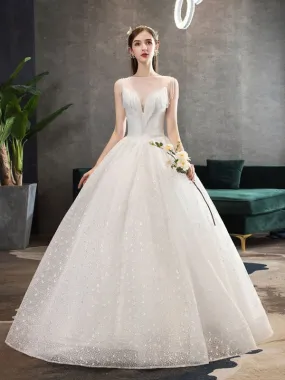 Princess Wedding Dresses Ivory Illusion Neck Beaded Sleeveless Floor Length Bridal Gown