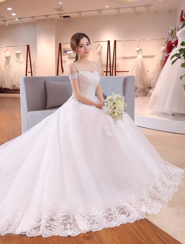 Princess Wedding Dresses Off The Shoulder Bridal Dress Straps Lace Applique Beading Wedding Gown With Long Train