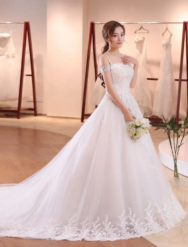 Princess Wedding Dresses Off The Shoulder Bridal Dress Straps Lace Applique Beading Wedding Gown With Long Train