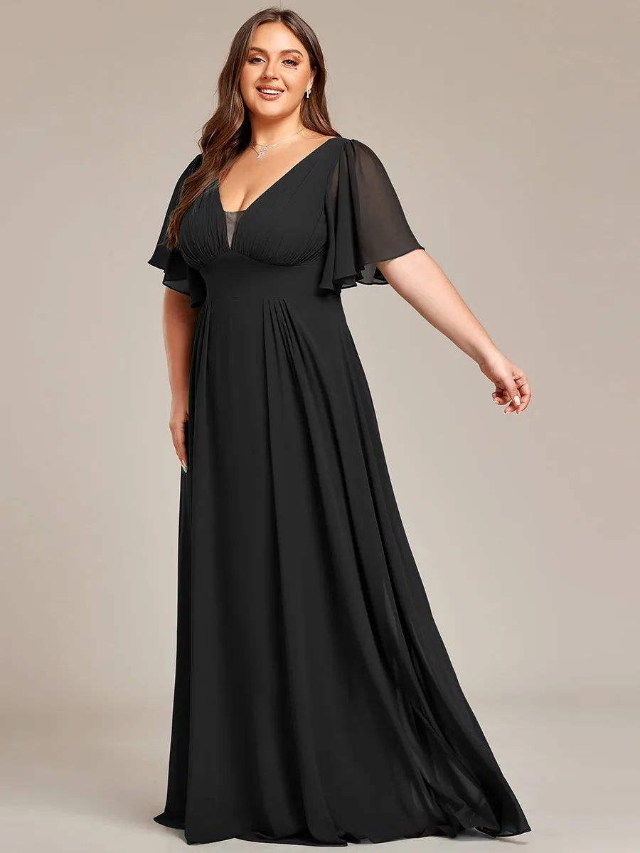 Robe de demoiselle d'honneur longue en mousseline de soie simple manches courtes taille empire ligne a grande taille