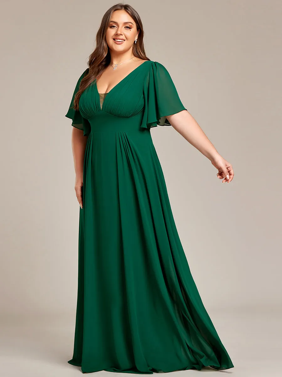 Robe de demoiselle d'honneur longue en mousseline de soie simple manches courtes taille empire ligne a grande taille